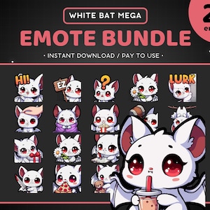 Puede incluir: Un conjunto de 25 emoticonos de murciélago blanco con diferentes expresiones, incluyendo "¡Hola!" "EZ" "Acechar" y más. Los emoticonos están en un formato de cuadrícula con un fondo blanco. El texto "WHITE BAT MEGA EMOTE BUNDLE" está en la parte superior de la imagen. El texto "INSTANT DOWNLOAD / PAY TO USE" está debajo del título. El texto "25 emotes" está en la esquina superior derecha de la imagen.