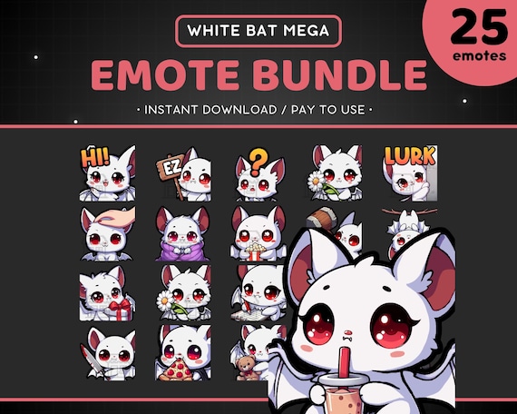 White Bat Twitch Emote Bundle 25x - Discord, Halloween, Night, Nocturnal, Horror, Goth