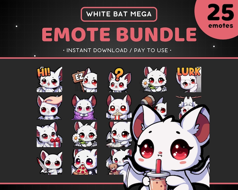May include: A set of 25 white bat emoticons with different expressions, including "Hi!" "EZ" "Lurk" and more. The emoticons are in a grid format with a white background. The text "WHITE BAT MEGA EMOTE BUNDLE" is at the top of the image. The text "INSTANT DOWNLOAD / PAY TO USE" is below the title. The text "25 emotes" is in the top right corner of the image.