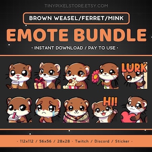 Wiesel Twitch Emote Bundle 10x - Frettchen Pack Discord Emote, Süß, Lustig, Bezaubernd, Tier, Gaming Sticker, Otter, Nerz