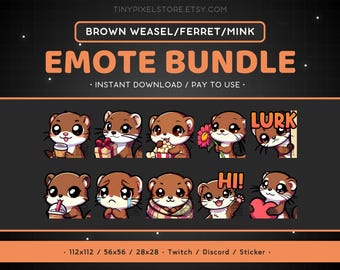 May include: A set of eight animated emotes featuring a brown weasel, ferret, or mink in various poses. The emotes include "Lurk", "Hi!" and others. The emotes are designed for use on Twitch or Discord.