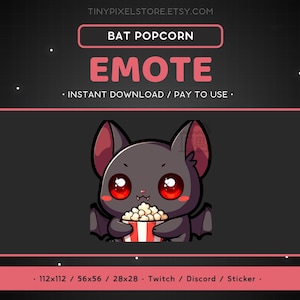 Bat Popcorn Emote - Discord Emote, Streaming Assets, Gaming Sticker, Emoticon, Funny, Drama, Animal, Cute, Halloween, Nocturnal, Horror