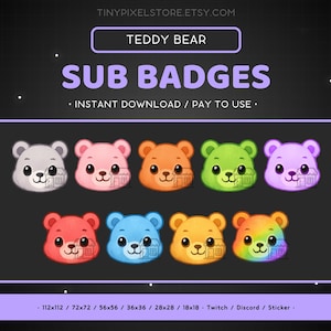 Puede incluir: Un conjunto de insignias de suscripción de osos de peluche coloridos con una variedad de colores, incluyendo gris, rosa, naranja, verde, morado, rojo, azul, amarillo y arcoíris. Los textos "TEDDY BEAR" y "SUB BADGES" se muestran encima de las insignias. También se muestra el texto "INSTANT DOWNLOAD / PAY TO USE".