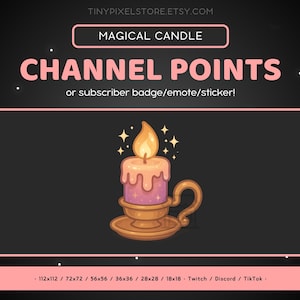 Puede incluir: Gráfico digital de una vela de dibujos animados en un soporte dorado, con un cuerpo de vela rosa y morado y una llama amarilla. El texto dice "MAGICAL CANDLE CHANNEL POINTS o insignia/emote/sticker de suscriptor!" sobre un fondo negro.