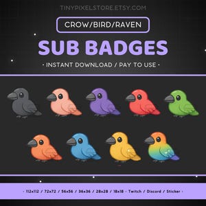 Insignia de suscripción de Twitch "Cuervo de pájaro", emoticono - Insignias de bits, emoticono de Discord, ícono de punto de canal, recursos de streaming, emoji de juegos, pegatina, insignia de fidelidad