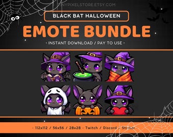 Black Bat Twitch Emote Halloween Bundle 6x - Purple Bat Pack Discord Assets, Spooky, Scary, Pumpkin