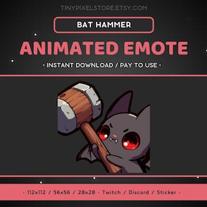 GEANIMEERDE Bat Twitch Emote Hammer - vleermuisverbod emote, schattig, dier, horror, onenigheid-emote, gamingstreaming, emoji, grappig, bop, time-out, verboden