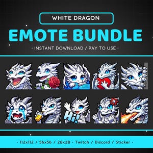 Puede incluir: Un conjunto de nueve emoticonos de dragón blanco con diferentes expresiones. Los emoticonos están en un formato de cuadrícula e incluyen expresiones como "Hola", "llorar" y "soplar fuego". El texto "WHITE DRAGON EMOTE BUNDLE" está en la parte superior de la imagen. El texto "INSTANT DOWNLOAD / PAY TO USE" está debajo del título. El texto "112x112 / 56x56 / 28x28 Twitch / Discord / Sticker" está en la parte inferior de la imagen.