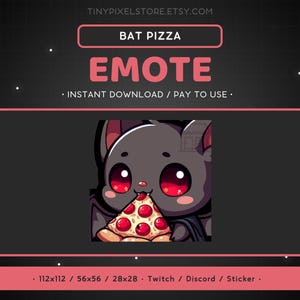 Puede incluir: Un personaje de dibujos animados de murciélago negro con ojos rojos y nariz rosa está comiendo una rebanada de pizza con pepperoni. El texto "EMOTE" está encima del personaje. El texto "INSTANT DOWNLOAD / PAY TO USE" está debajo del personaje. El texto "112x112 / 56x56 / 28x28 - Twitch / Discord / Sticker" está en la parte inferior de la imagen.
