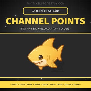Icône de point de chaîne Twitch Golden Shark, badge secondaire, emote - Emote Discord requin, éléments de streaming, autocollant emoji de jeu, badge de fidélité