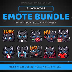 Black Wolf Twitch Emote Bundle 10x - Black Wolf Discord Emote Pack, Cute, Funny, Animal, Blue Eyes, Streaming Assets, Gaming Sticker
