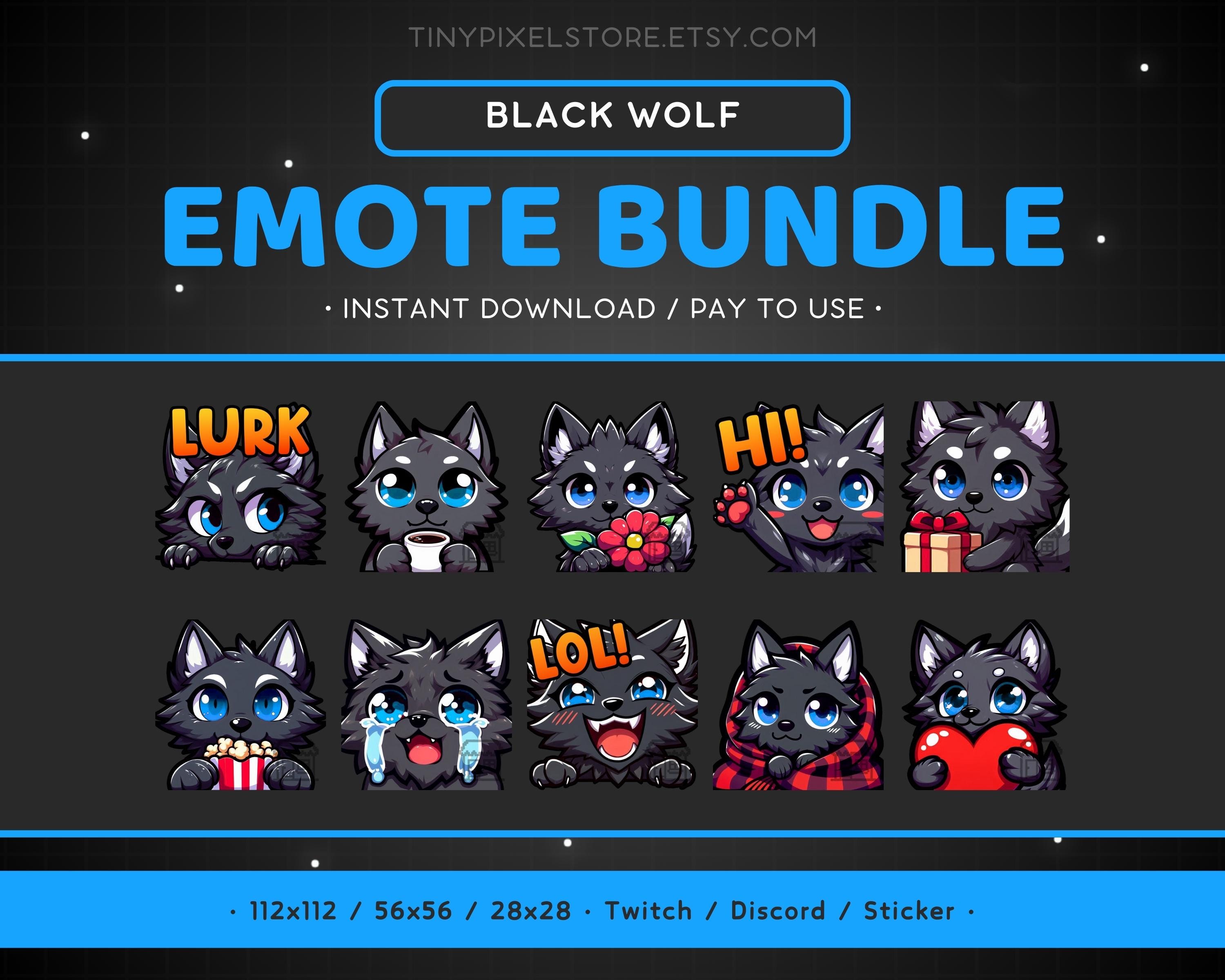 Black Wolf Twitch Emote Bundle 10x - Black Wolf Discord Emote Pack, Cute, Funny, Animal, Blue Eyes, Streaming Assets, Gaming Sticker