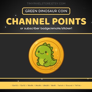 Green Dinosaur Golden Coin Twitch Channel Point Icon, Sub Badge, Emote - Cute Discord Emote, Streaming Assets Gaming Emoji, Sticker, Kawaii