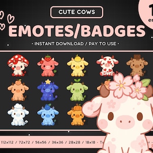Cute Cow Twitch Emote Bundle 12x - Cow Sub Badges, Discord Emote, Funny, Animal, Streaming Assets, Gaming Sticker, Strawberry, Mushroom