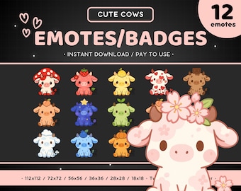 Cute Cow Twitch Emote Bundle 12x - Cow Sub Badges, Discord Emote, Funny, Animal, Streaming Assets, Gaming Sticker, Strawberry, Mushroom
