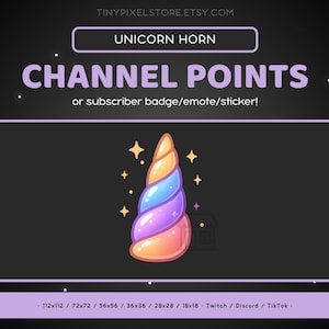 Peut inclure: Graphique numérique d'une corne de licorne aux couleurs vives : orange, jaune, bleu et violet. Le texte "UNICORN HORN" et "CHANNEL POINTS" est affiché au-dessus de la corne, avec du texte indiquant qu'il s'agit d'un badge ou d'un autocollant d'abonné.