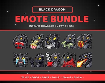 Black Dragon Twitch Emote Bundle 10x - Dragon Pack Discord Emote, Drake, Reptile, Lizard, Fantasy, Funny, Streaming Assets, Gaming, Sticker