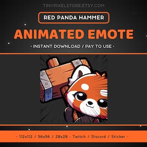 Gesto de Twitch de panda rojo ANIMADO Hammer: gesto de prohibición de panda, lindo, animal, gesto de Discord, transmisión de juegos, emoji, divertido, bop, tiempo de espera, prohibido