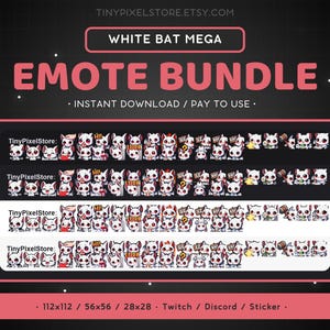 May include: A digital download bundle of 112x112, 56x56, and 28x28 pixel emotes featuring a white bat with different expressions. The emotes include "Hi", "GG", "EZ", "LUL", "?", and a hammer. The emotes are suitable for Twitch, Discord, and stickers.