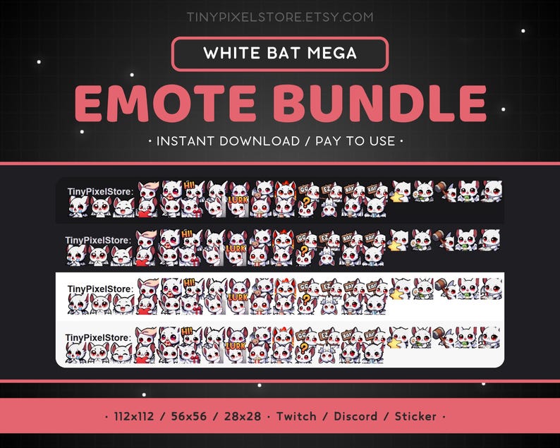 May include: A digital download bundle of 112x112, 56x56, and 28x28 pixel emotes featuring a white bat with different expressions. The emotes include "Hi", "GG", "EZ", "LUL", "?", and a hammer. The emotes are suitable for Twitch, Discord, and stickers.