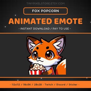 Emote Twitch Orange Fox ANIMATO Popcorn - Emote Drama Fox, Animale carino, Emote Discord, Gioco, Streaming, Emoji, Divertente, Cinema, Film