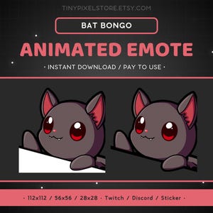 Puede incluir: Emoticono animado de un lindo murciélago de dibujos animados con ojos rojos, tocando los bongos. El murciélago es negro con la nariz y las orejas rosas. El emoticono está disponible en varios tamaños, incluyendo 112x112, 56x56 y 28x28 píxeles. Es perfecto para usar en Twitch, Discord o como una pegatina.