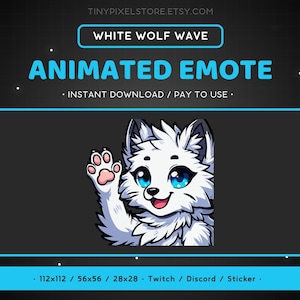 May include: Animated emote of a white wolf with blue eyes waving. The emote is available in 112x112, 56x56, and 28x28 pixel sizes. It is suitable for use on Twitch, Discord, and as a sticker.