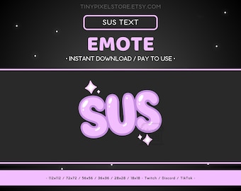 Texto de reacción al emoticono de Twitch SUS: emoticono de Discord con texto morado pastel, recursos de streaming, streamer, juegos, divertido, brillo, kawaii, lindo