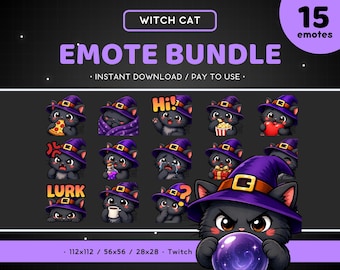 Witch Cat Twitch Emotes Bundle 15x - Streaming Asset, Magic, Kitten Discord Emote, Gaming