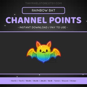 Könnte beinhalten: Digitalgrafik mit einem regenbogenfarbenen Fledermaus-Design und dem Text "CHANNEL POINTS" und "RAINBOW BAT". Das Bild ist für den sofortigen Download und die Verwendung auf Plattformen wie Twitch und Discord bestimmt. Die Fledermaus hat ein niedliches, cartoonhaftes Design.
