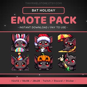Puede incluir: Un paquete de arte digital con seis emoticonos de murciélago de dibujos animados. Cada murciélago lleva accesorios temáticos de vacaciones, como orejas de conejo, un gorro de Papá Noel, gafas de sol, un gorro de fiesta, una calabaza y una botella de champán. Texto: "BAT HOLIDAY EMOTE PACK".