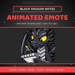 ANIMATED Black Dragon Twitch Emote Notes - Taking Notes Emote, Dragon Discord Emote, Gaming, Streaming, Emoji, Fantasy, Lizard, Cute, Funny