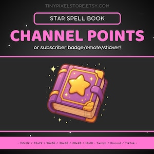 May include: A digital graphic featuring a purple spell book with a gold star and accents. The text "STAR SPELL BOOK" and "CHANNEL POINTS" is displayed in pink. The image is designed for subscriber badges, emotes, or stickers.