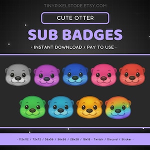 Könnte beinhalten: Ein Set mit 10 niedlichen Otter-Sub-Badges in verschiedenen Farben, darunter Lila, Blau, Rosa, Rot, Grün, Gelb und Regenbogen. Die Badges haben unterschiedliche Größen von 112x112 Pixel bis 18x18 Pixel. Der Text "SUB BADGES" ist in lila Schrift über den Badges dargestellt. Der Text "INSTANT DOWNLOAD / PAY TO USE" ist in kleinerer Schrift unter den Badges dargestellt. Der Text "112x112 / 72x72 / 56x56 / 36x36 / 28x28 / 18x18 Twitch / Discord / Sticker" ist in kleinerer Schrift unter den Badges dargestellt.
