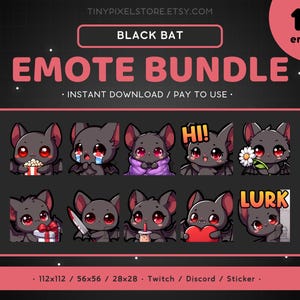 Puede incluir: Un conjunto de 10 emoticonos de murciélago negro para Twitch o Discord. Los emoticonos presentan un lindo murciélago negro de dibujos animados con diferentes expresiones, incluyendo sonreír, llorar y sostener un corazón. Los emoticonos están disponibles en tres tamaños: 112x112, 56x56 y 28x28.