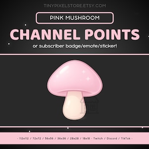 Ícone de canal do Twitch de cogumelo rosa, emblema de inscrição, emote - emote fofo do Discord, ativos de streaming, adesivo de emoji de jogos, magia, fantasia