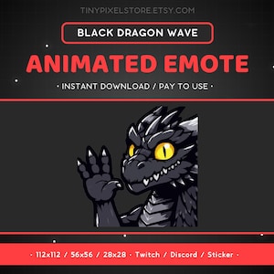 May include: Animated black dragon emote with a yellow eye, waving. The emote is available in 112x112, 56x56, and 28x28 pixel sizes. It is suitable for use on Twitch, Discord, and as a sticker.