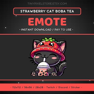 Emotka Cat Strawberry Boba Tea Twitch - Emotka Black Cat Bubble Tea Discord, Zasoby do przesyłania strumieniowego, Gry, Naklejka, Emotikon, Zwierzę, Zabawne, Słodkie