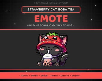 Strawberry Cat Boba Tea Emote – Twitch, Discord, Sticker (Digital Download)