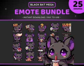 Bat Twitch Emote Bundle 25x - Discord Emote Pack, Cute Funny Animal, Streaming Assets, Gaming, Halloween, Night, Nocturnal, Horror, Goth