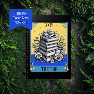 TBR pile tarot card spiral notebook, blue and yellow design, to be read stack of books, funny bookish gift, reading journal, book tracker