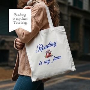 Reading is My Jam Tote, bookish gift for book lovers, cute jam jar design, literary humor accdssory, bookworm shopping bag, cozy aesthetic