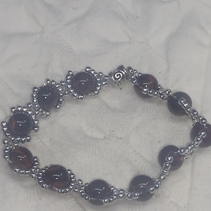 Handmade red tiger&#39;s eye beaded bracelet made with natural gemstone beads and silver seed beads