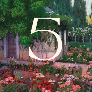 K&ouml;nnte beinhalten: Ein impressionistisches Gem&auml;lde einer Gartenszene mit leuchtend roten und rosa Rosen im Vordergrund. Die Zahl "5" ist auf das Bild gelegt. Eine Holzt&uuml;r und &uuml;ppiges Gr&uuml;n sind zu sehen.