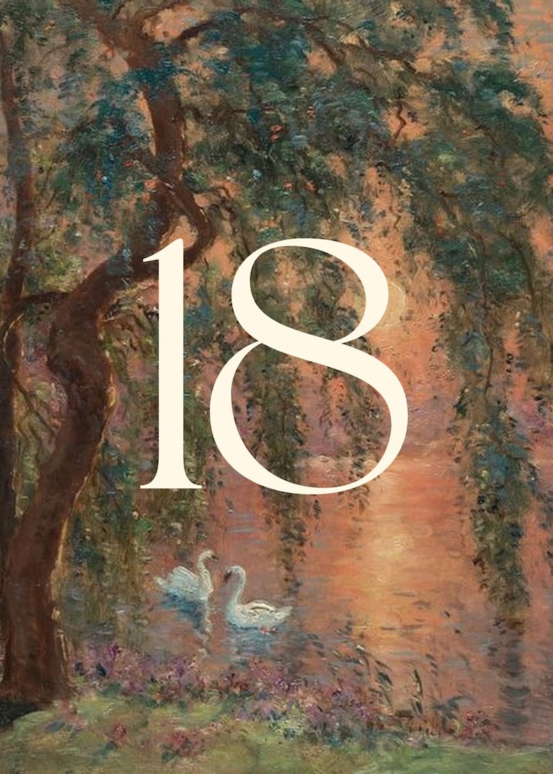 K&ouml;nnte beinhalten: Ein k&uuml;nstlerisches Bild mit einer ruhigen Wasserlandschaft mit zwei wei&szlig;en Schw&auml;nen. Die Zahl "18" wird in einer gro&szlig;en, eleganten Schrift angezeigt. Die Szene wird von &uuml;ppigem Gr&uuml;n und einem warmen, sonnenuntergangs&auml;hnlichen Schein umrahmt.