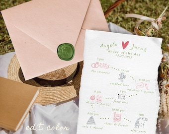 Garten Hochzeit Timeline Karte: Eklektische, handgeschriebene Bestellung des Tages (Canva Digital Download)