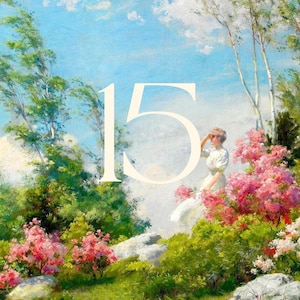 K&ouml;nnte beinhalten: Ein impressionistisches Gem&auml;lde einer Frau in einem wei&szlig;en Kleid, die in einem Garten mit rosa Blumen und gr&uuml;nem Laub sitzt. Die Zahl "15" ist &uuml;ber das Bild gelegt. Der Himmel ist blau mit wei&szlig;en Wolken.