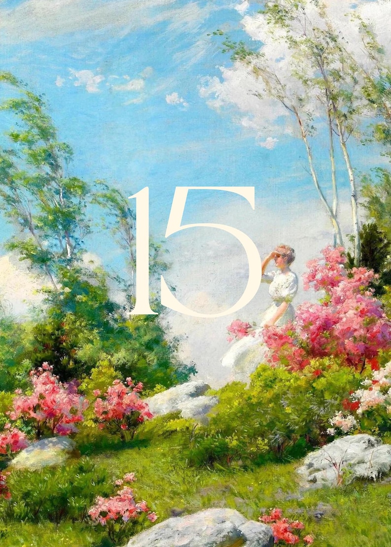 K&ouml;nnte beinhalten: Ein impressionistisches Gem&auml;lde einer Frau in einem wei&szlig;en Kleid, die in einem Garten mit rosa Blumen und gr&uuml;nem Laub sitzt. Die Zahl "15" ist &uuml;ber das Bild gelegt. Der Himmel ist blau mit wei&szlig;en Wolken.