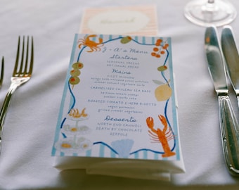 Italienische Küsten Hochzeitsmenü Vorlage: Handgezeichnete Zeichnungen (Digitaler Download Canva Vorlage)