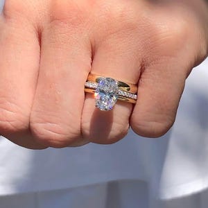 3 Ring Set Wedding Ring Set 14K Yellow Gold 3 CT Oval Cut Hidden Halo Solitaire Ring With Round Moissanite Diamond Matching Band Plain Band